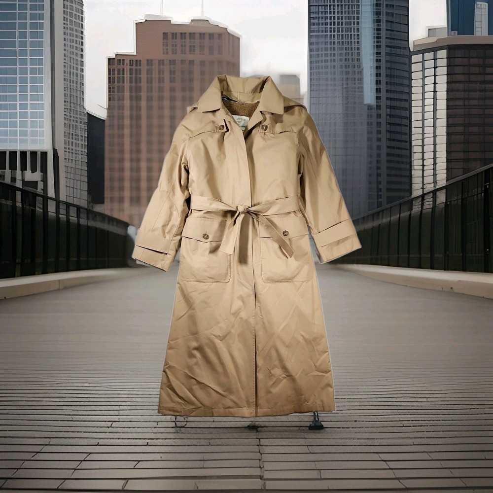 VINTAGE Beige London Fog Maincoat Size 6 Reg Hooded Belted Lined